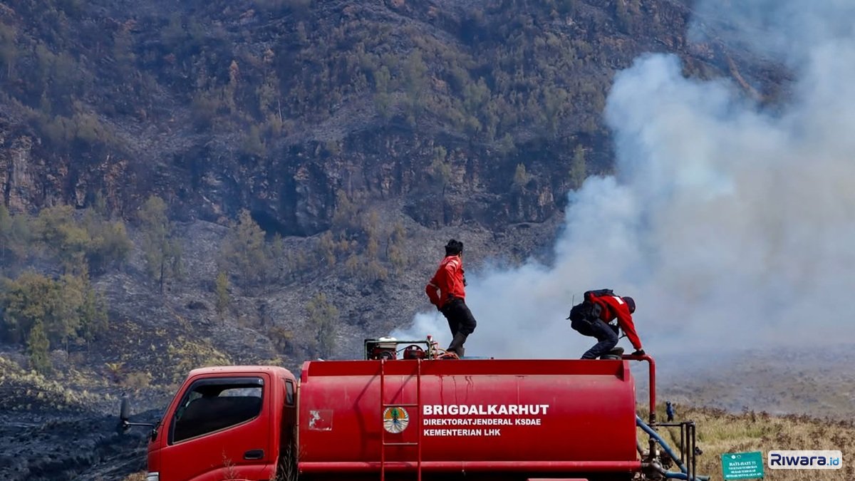 Petugas berupaya keras memadamkan api di wilayah Bromo